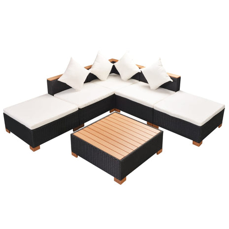 6-delige Loungeset met kussens poly rattan zwart