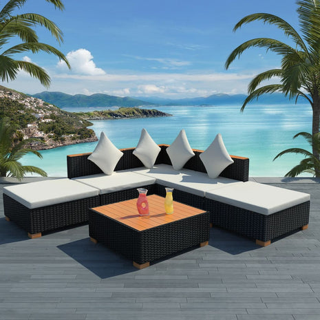 6-delige Loungeset met kussens poly rattan zwart