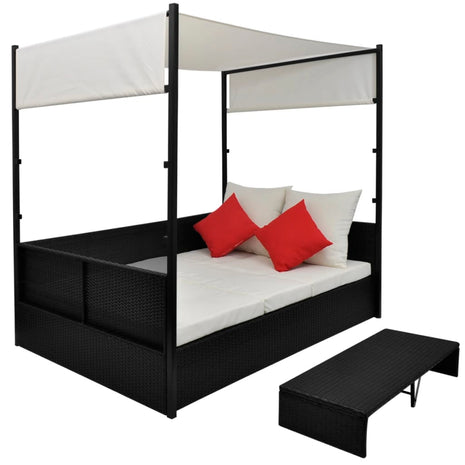 Tuinbed met luifel 190x130 cm poly rattan zwart