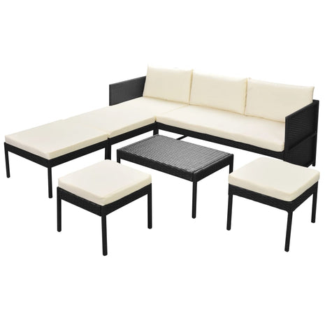 6-delige Loungeset met kussens poly rattan zwart