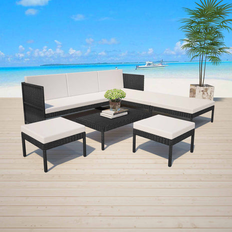 6-delige Loungeset met kussens poly rattan zwart