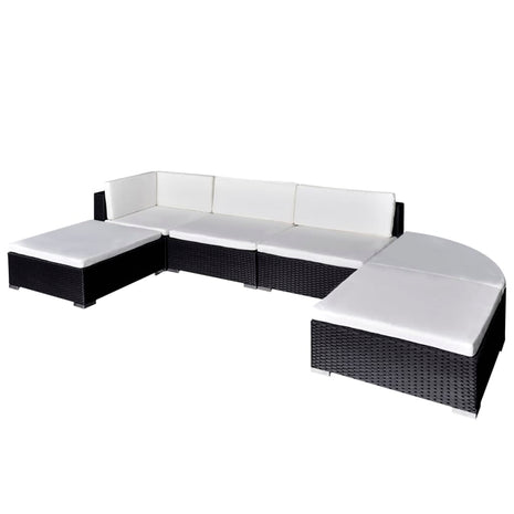 6-delige Loungeset met kussens poly rattan zwart