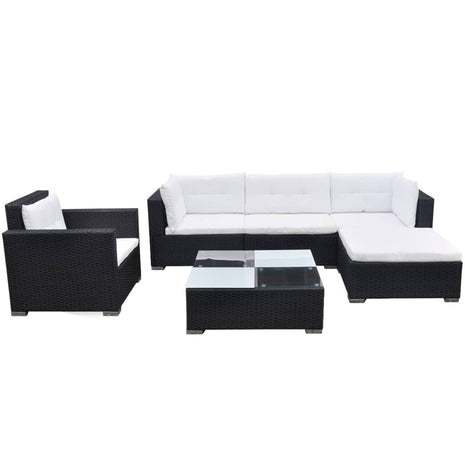 6-delige Loungeset met kussens poly rattan zwart