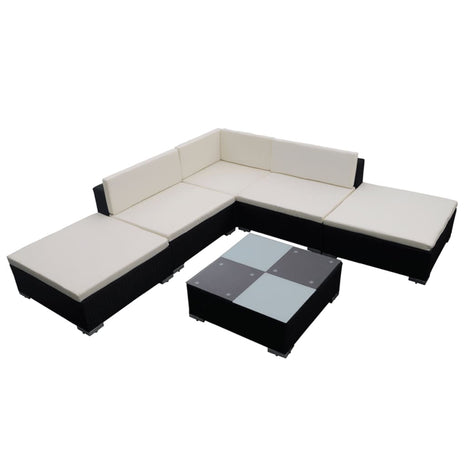 6-delige Loungeset met kussens poly rattan zwart