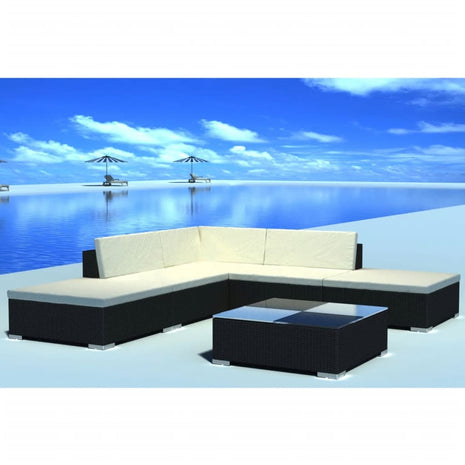 6-delige Loungeset met kussens poly rattan zwart