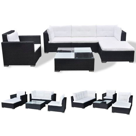 6-delige Loungeset met kussens poly rattan zwart