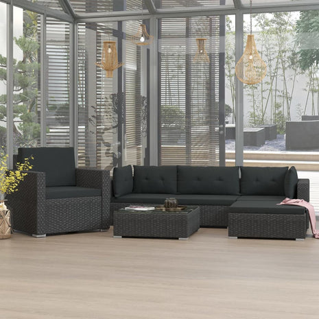 6-delige Loungeset met kussens poly rattan zwart