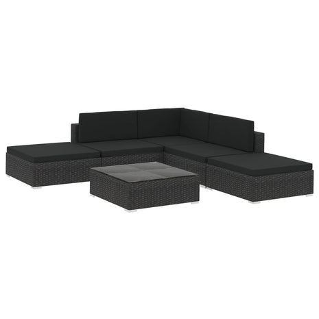 6-delige Loungeset met kussens poly rattan zwart