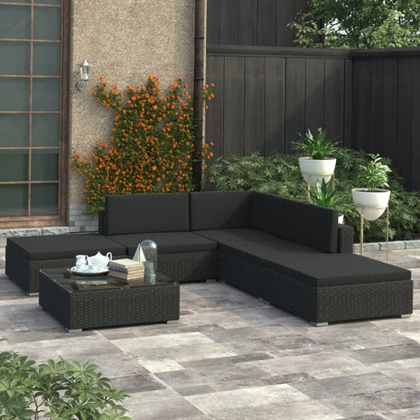 6-delige Loungeset met kussens poly rattan zwart