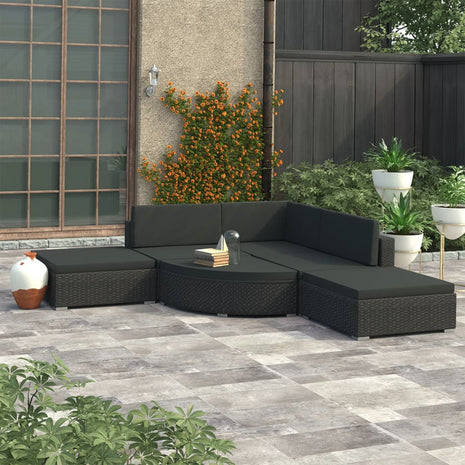 6-delige Loungeset met kussens poly rattan zwart