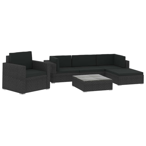 6-delige Loungeset met kussens poly rattan zwart