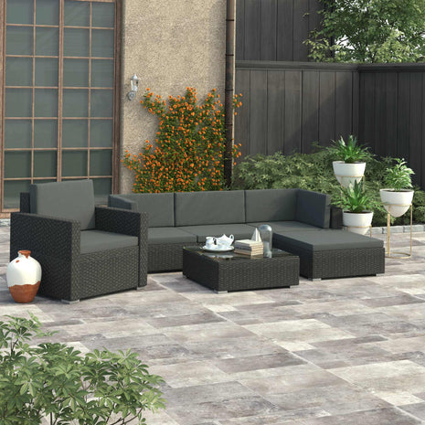 6-delige Loungeset met kussens poly rattan zwart