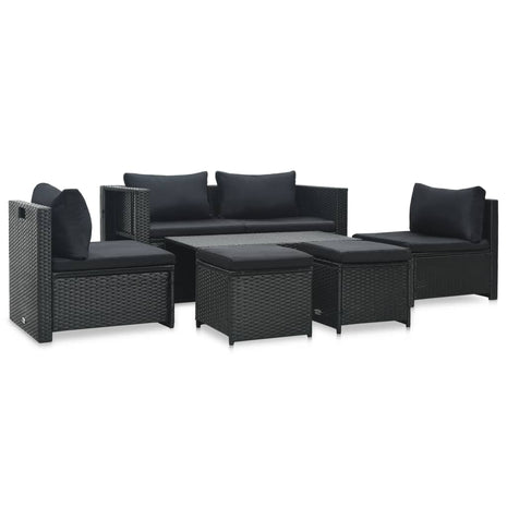 6-delige Loungeset met kussens poly rattan zwart