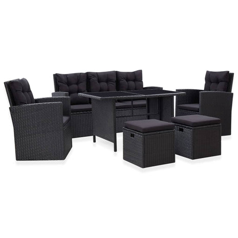 6-delige Loungeset met kussens poly rattan zwart