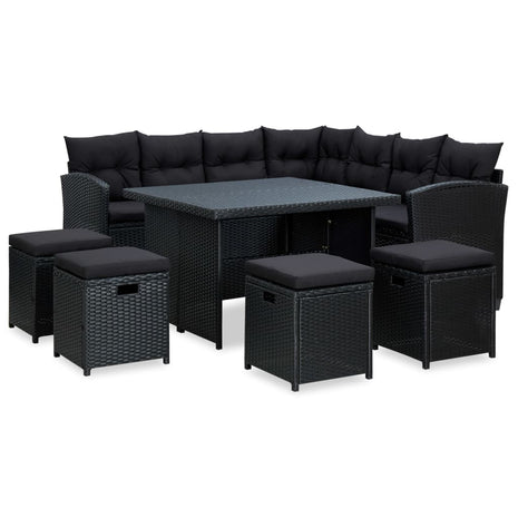 6-delige Loungeset met kussens poly rattan zwart