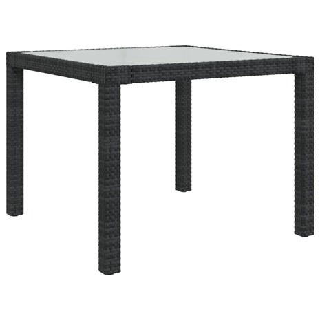 Tuintafel 90x90x75 cm gehard glas en poly rattan zwart