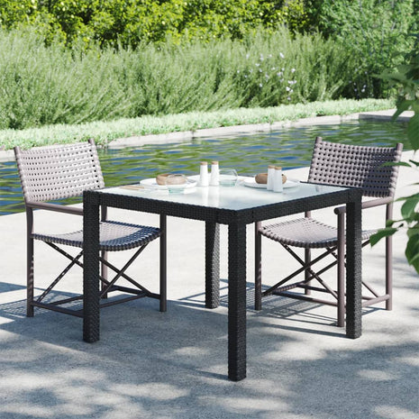 Tuintafel 90x90x75 cm gehard glas en poly rattan zwart