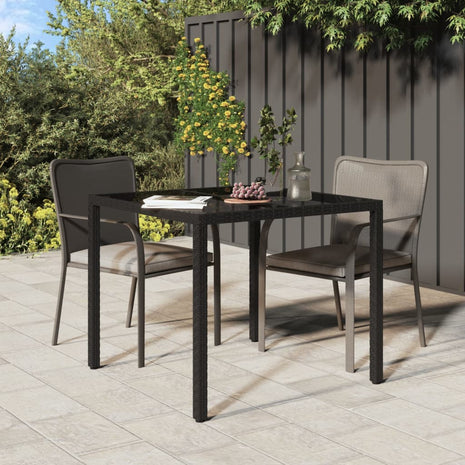 Tuintafel 90x90x75 cm gehard glas en poly rattan zwart