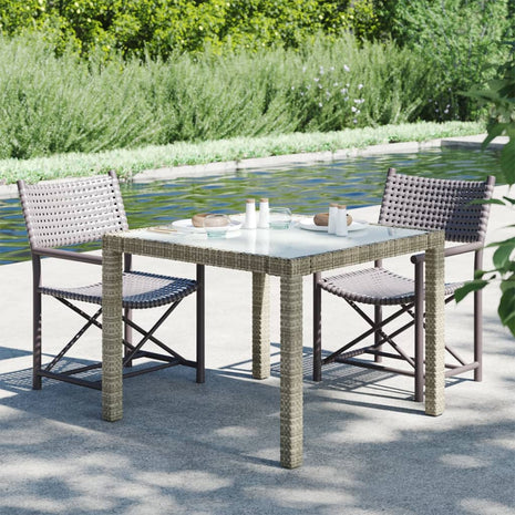 Tuintafel 90x90x75 cm gehard glas en poly rattan grijs