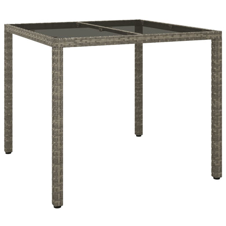 Tuintafel 90x90x75 cm gehard glas en poly rattan grijs