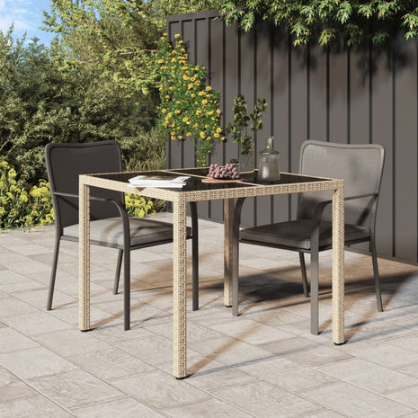 Tuintafel 90x90x75 cm gehard glas en poly rattan beige