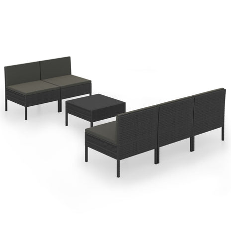 6-delige Loungeset met kussens poly rattan zwart