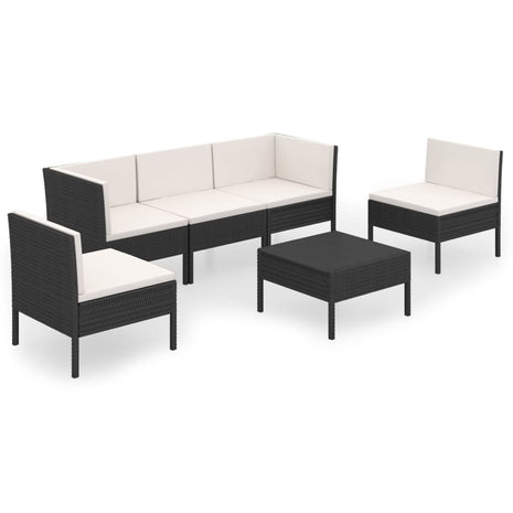 6-delige Loungeset met kussens poly rattan zwart