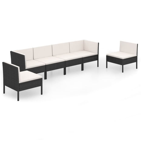 6-delige Loungeset met kussens poly rattan zwart