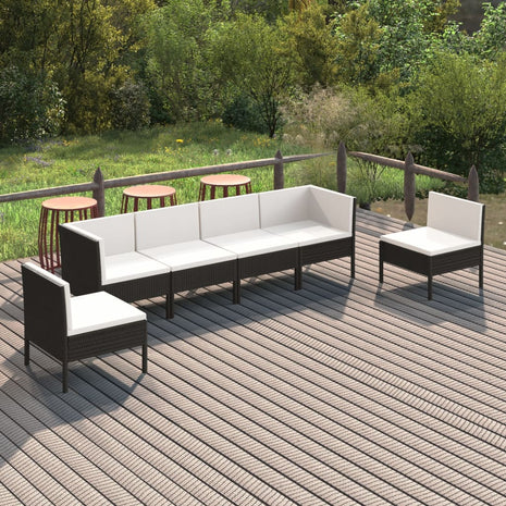 6-delige Loungeset met kussens poly rattan zwart