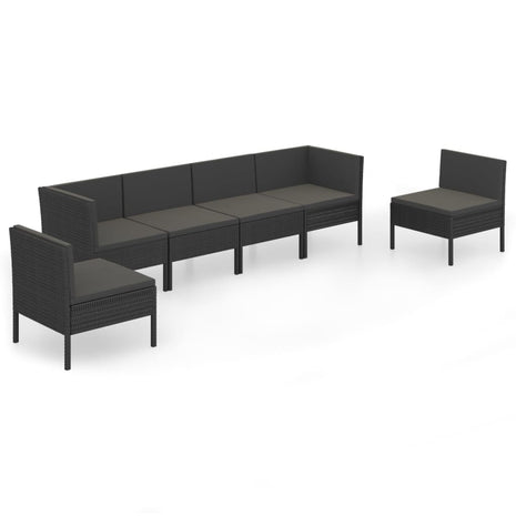 6-delige Loungeset met kussens poly rattan zwart