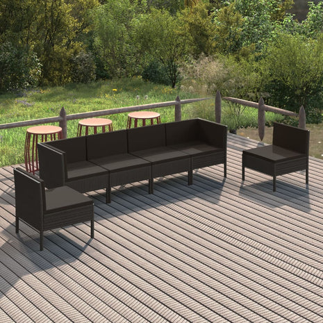 6-delige Loungeset met kussens poly rattan zwart