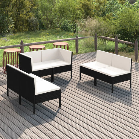 6-delige Loungeset met kussens poly rattan zwart