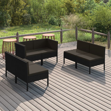 6-delige Loungeset met kussens poly rattan zwart