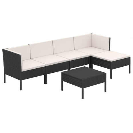 6-delige Loungeset met kussens poly rattan zwart