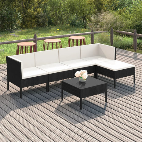 6-delige Loungeset met kussens poly rattan zwart