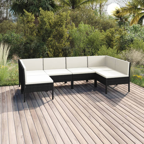 6-delige Loungeset met kussens poly rattan zwart