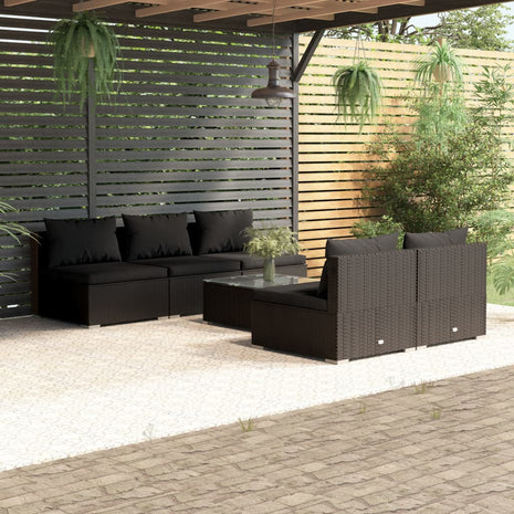 6-delige Loungeset met kussens poly rattan zwart