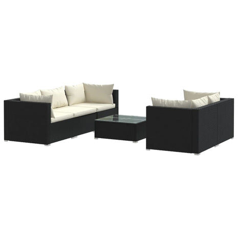 6-delige Loungeset met kussens poly rattan zwart