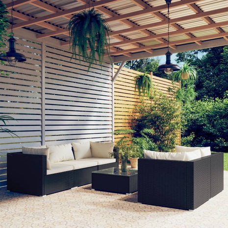 6-delige Loungeset met kussens poly rattan zwart