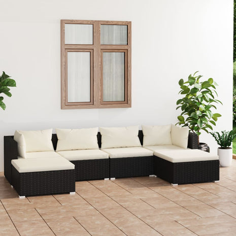 6-delige Loungeset met kussens poly rattan zwart