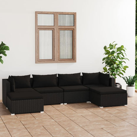 6-delige Loungeset met kussens poly rattan zwart