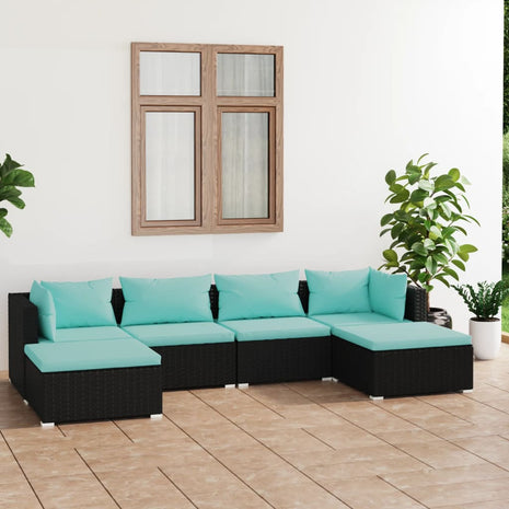 6-delige Loungeset met kussens poly rattan zwart