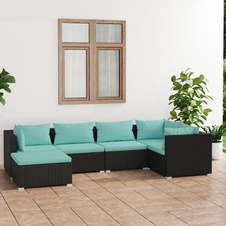 6-delige Loungeset met kussens poly rattan zwart