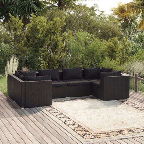 6-delige Loungeset met kussens poly rattan zwart