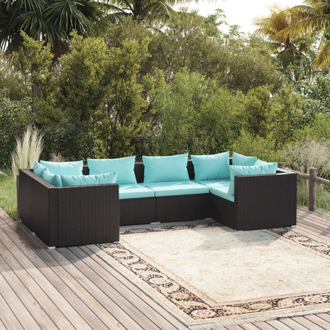 6-delige Loungeset met kussens poly rattan zwart