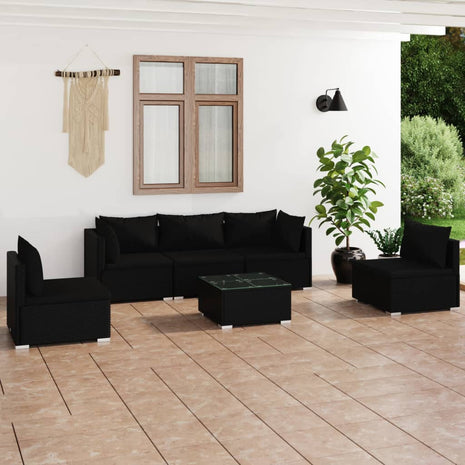 6-delige Loungeset met kussens poly rattan zwart