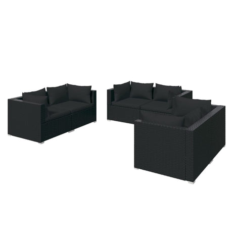 6-delige Loungeset met kussens poly rattan zwart