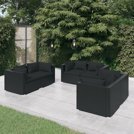 6-delige Loungeset met kussens poly rattan zwart