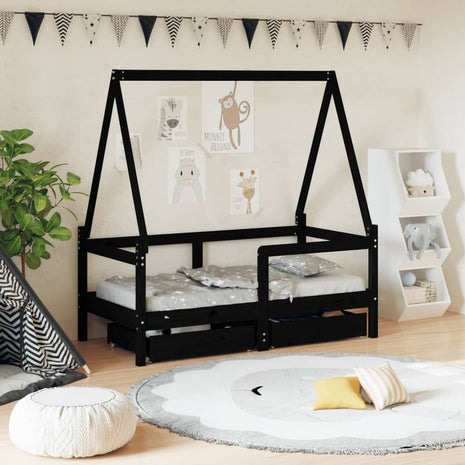 Kinderbedframe met lades 70x140 cm massief grenenhout zwart