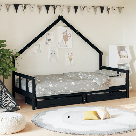 Kinderbedframe met lades 90x190 cm massief grenenhout zwart